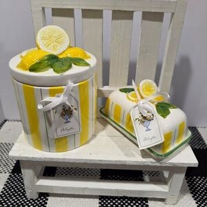 🍋 ​Arlington Designs Lemon Canister & Butter Dish Set | Striped Citrus Ceramic.